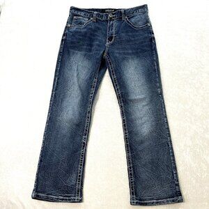 TRUE LUCK Jeans Mens 34/30 Straight Leg Stretch Embroidery White Whip Stitch